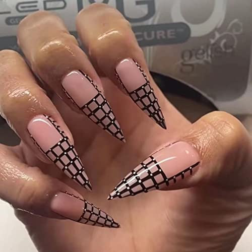 JUSTOTRY 24 Pcs Tartan Stiletto Fake Nails Long,Black French Press on Patterns, Beautiful Pink Almond Stick on Nail,Extra Long False Nail for Women
