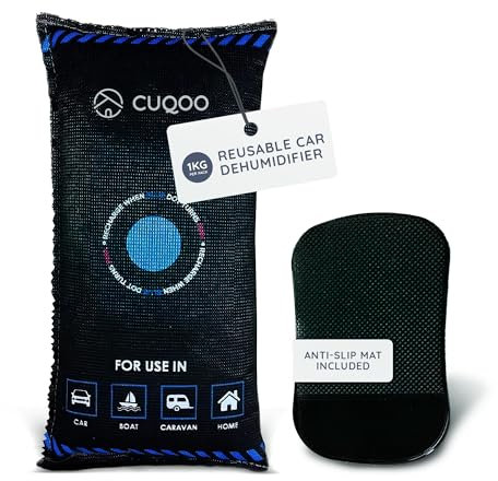 CUQOO 1kg Reusable Car Dehumidifier Bag for Car Interior - Moisture Absorber with Dashboard Mounting Anti-Slip Mat, Microwave Fast Reactivated Packets, Rechargeable Dehumidifier 1 Pack