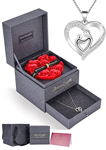 IMMORROSA Eternal Roses with Necklace Mum & Child Preserved Pink Box with Necklace Rose Gift with Gift Box for Wife Mum Valentines Day Birthday Christmas Anniversary