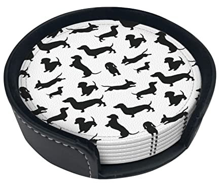 Untersetzer-Set, 6 Stück, schwarze Hunde, Dackel, Leder, Untersetzer für Getränke, Heimdekoration und Einweihungsgeschenk