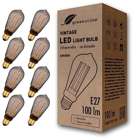 greenandco 8x Vintage Design LED Birne zur Stimmungsbeleuchtung | E27 ST64 | smoke | 4W 100lm | 1800K extra warmweiß | 320° | 230V | flimmerfrei | nicht dimmbar | Edison Glühbirne