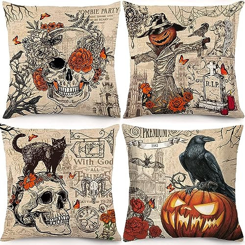 Irayin Federa per Cuscino per Halloween, 4 Pièce Federa per Cuscino in Lino, Fodera per Cuscino Teschio di Zucca Decorativo con Corvo Scheletro, Decorazioni di Halloween per Casa, Giardino, Ufficio
