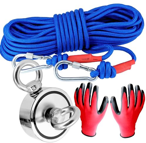 Neodym Magnet Magnetangel Set - 60mm - 300KG Zugkraft Mit 2 M8 Ösen - Bergemagnet Magnetfischen Komplettset mit 20m Seil Wasserfeste Handschuhe zum Magnet Fischen