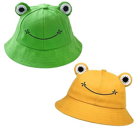 ATBUSS 2 Stück Frosch-Fischerhüte, Eimer-Sonnenhüte, Faltbare Outdoor-Eimerhüte Mit Breiter Krempe, Strand-Sonnenhüte Für Männer Und Frauen, Niedliche Froschhüte Für Erwachsene, Kinder (Grün + Gelb)