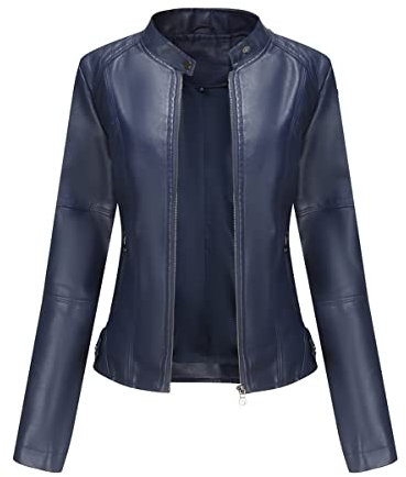 E-girl Damen Dunkelblau Kunstleder Motorrad Jacke Lederjacke Schlank Reißverschluss Stehkragen Kurz Mantel,38,PN767