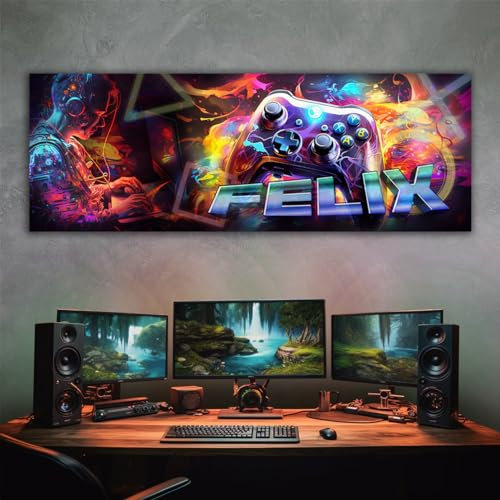 tjapalo® vz61 Leinwandbild Gamer Bild mit Namen personalisiert gaming Wanddeko gamer Bild für die Wand Wandbild Jugendzimmer gamer Wandbild gaming zimmer Bilder für Teenager, Größen Name: B60xH20cm