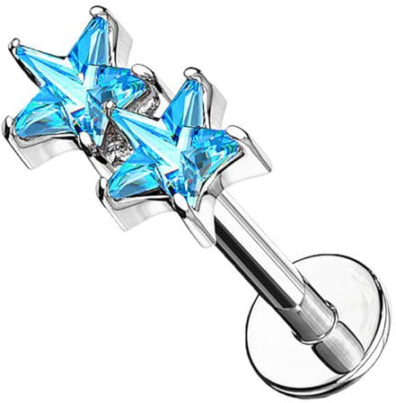 Taffstyle Piercing Stab Stecker Ohrpiercing Cartilage Ohr Tragus Helix Stud Lippe Labret Lippenpiercing Knorpel Barbell Ohrring Platte Glitzer Strass Doppel Sterne Kristall Silber Aqua 8mm