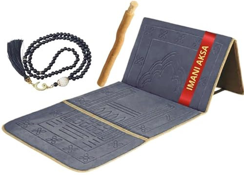 Imani Aksa Muslimischer Gebetsteppich (1,4 kg), Schwarz mit Tesbih und Miswak. Gebetsteppich mit Rückseite. Faltbarer Reisegebetsteppich – Seccade (SCHWARZ)