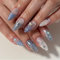 Faux Ongles Court MouyouGlow,Amande Blanc Baby Bleu French 3D Noeud Étoile Strass Noeud Y2K Press on Nails avec Colle à Ongles,Almond Blue Dégradé Fake Nails