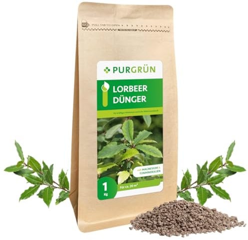 Purgrün® Lorbeer-Dünger 1 kg – Rein natürliche Rezeptur – Feinkörniges Krümelgranulat – NPK 6+2+7 – Extra Magnesium für leuchtend grüne Blätter – Verbessert die Bodenqualität - Für bis zu 6 Pflanzen