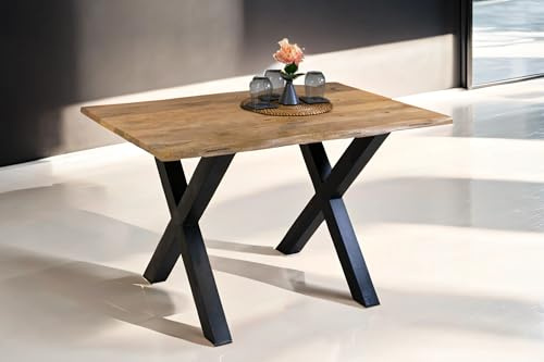 SAM Esstisch Tiger 160x85 cm Mangoholz natur Vintage Baumkante X schwarz | Baumkantentisch massiv, naturfarben, Metallgestell, Esszimmertisch