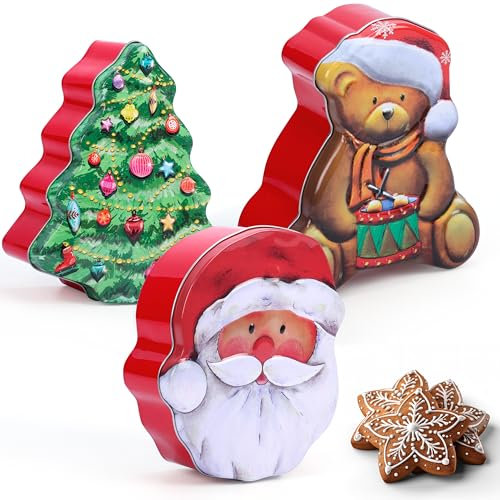 BELLE VOUS Christmas Biscuit Tin Set (3 Pack) - Metal Cookie Tins with Lids for Gift Giving - Xmas Treat Boxes/Containers for Biscuit & Candy Storage