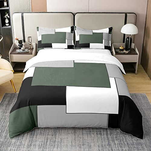 Homemissing Vert Géométrique 100% Coton Housse de Couette 240x260cm Moderne carré Parure de Lit Femmes Noir Gris Blanc Literie Set Géométrique Ensemble de lit avec 2 taie d'oreiller