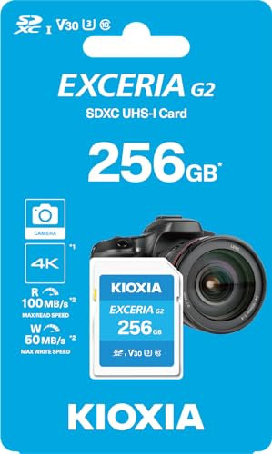 KIOXIA Exceria Toshiba Speicherkarte, G2 256 GB, SDXC, UHS-I U3, V30, Klasse 10, 100 MB/s Lesegeschwindigkeit, Schreibgeschwindigkeit 50 MB/s, hergestellt in Japan, Originalprodukt