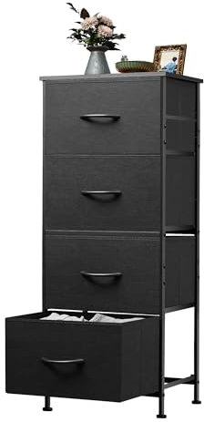 WLIVE Chest of Drawers with 4 Drawers, Fabric Drawers Storage Unit with Wood Top Steel Frame, Storage Organizer Unit for Bedroom, Living Room, Hallway, Kids Room, Black