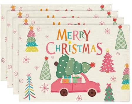 Artoid Mode LKW Bäume Merry Christmas Weihnachten Platzsets 4er Set, 30x45cm Winter Xmas Tischset Waschbar Platzdeckchen Küche Party Deko