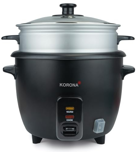 Korona 58020 Cuiseur à riz 2 en 1 I avec insert cuisson vapeur I 1,0 l I Casserole avec revêtement antiadhésif I Fonction maintien au chaud I Avec cuillère et verre doseur | Puissance : 400 W
