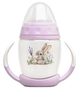 Kiokids | Taza de Aprendizaje Step 1 Conejo Lavanda para Bebés +6 Meses | Tetina de Silicona Suave | Sistema Anticólico | Apta Lavavajillas y Esterilizador | Ligera y Fácil de Usar