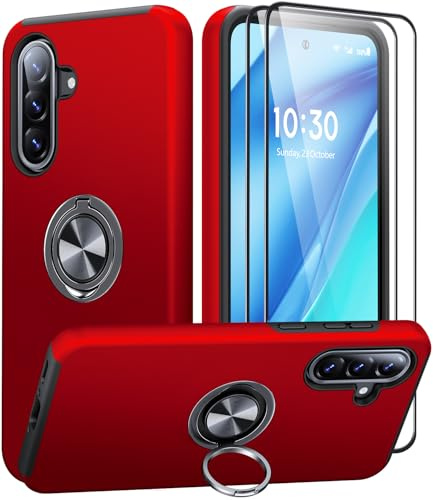 AOUIA für Samsung Galaxy A56 5G Hülle mit 360° Drehbarer Ring Ständer | Militärischer Stoßschutz Samsung A56 5G Hülle Handyhülle für Samsung A56 5G mit 2 Stück Panzerglas, Rot