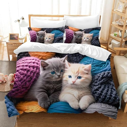 VTRXEG Katzen Bettwäsche 135x200cm,3D Katzenmotiv Mikrofaser Bettbezug, Haustier Katze Bettwäsche Sets 3teilig,mit Reißverschluss + 2 Kissenbezüge 50 x 75cm (C, 135x200cm)