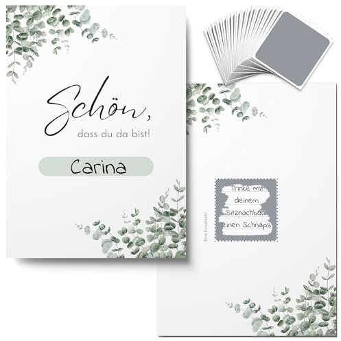 50x Rubbelkarten Hochzeit zum Selber Beschriften - 2 in 1 Platzkarten mit individuellen Hochzeitsaufgaben als Hochzeitsspiel (Eukalyptus)