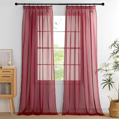 PONY DANCE Rote Gardinen mit Kräuselband Wohnzimmer Vorhang Transparent Voile Gardienen 2-Set H 245 x B 140 cm Leinenoptik Vorhänge für Schienensystem Durchlässig Luftig Dekoschal