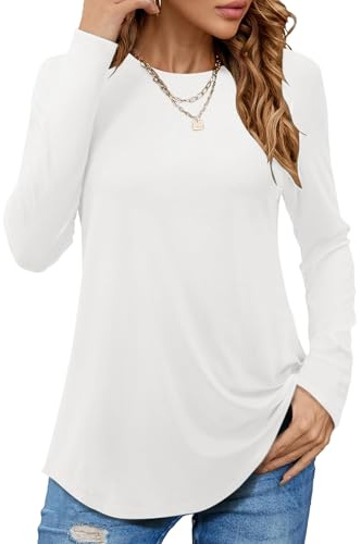 PLOKNRD Women's Long Sleeve T-Shirt Crewneck Casual Tunic Top Curved Hem Classic-Fit Tee (Creamy White,M)