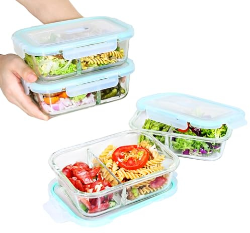 ERUIV Caja de almacenamiento de 2 compartimentos de cristal, 4 unidades de 1040 ml, tapa azul