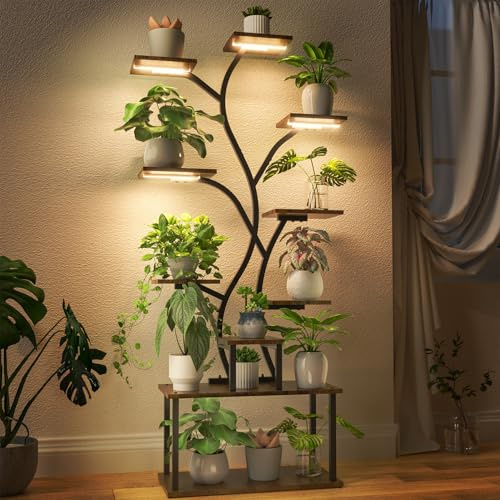 Bstrip Plant Stand with Grow Lights, 10-Tier 161cm Decorative Tree Shaped Flower Plant Shelf, Indoor Plant Stand for Living Room & Patio, Black