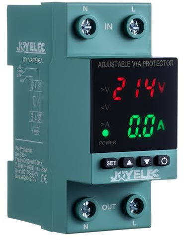 JOYELEC Protector Sobretensiones, Dispositivo Ajustable Subtensión Estabilizador Voltaje AC230V 63A 2P, Restablecimiento Automático, Protección Sobrecorriente,con Luz LED y Pantalla Voltaje