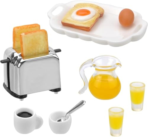Accessoires miniatures pour petit déjeuner, mini maison de poupée, accessoires de lutin de poupée, vaisselle de poupée, porcelaine, mini nourriture, mini grille-pain, œufs, café, tasses, assiettes