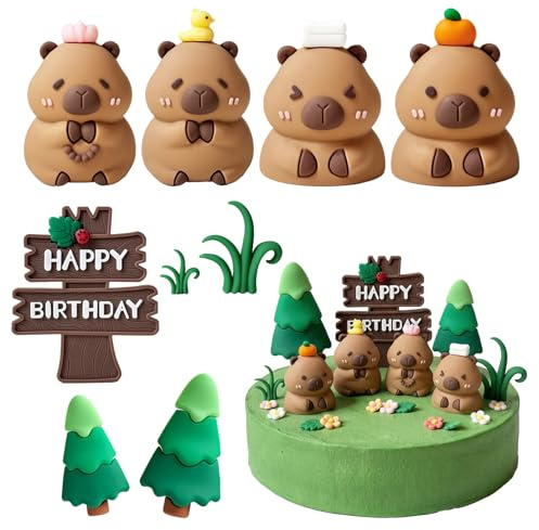 Capybara Cake Topper, 9Pcs Capybara Cake Decorations, Forest Theme Cake Decorations with Capybaras Signpost Tree and Grass for Birthday Party Theme Party Supplies