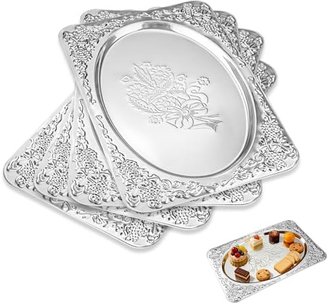 4PCS Silver Serving Trays, 13.8×8.7×0.3in Stainless Steel Vintage Floral Embossed Decorative Trays for Snack, Dessert and Wine, Versatile Tabletop Decor for Wedding, Restaurant, Cafe and Home