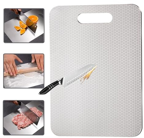 Tagliere Acciaio Inox, Tagliere in Acciaio Inox Alimentare - Nuova Versione, Resistente ai Graffi, Completamente Senza BPA, Essere Lavato in Lavastoviglie, 34 * 24cm