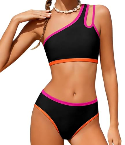 Bikini Niña Bañaador 7-16 Años Bikini Menstrual Niña Trajes de Dos Piezas con Borde Contraste y Cintura Alta Conjunto de Dos Piezas Asimétriico para Playa y Piscina