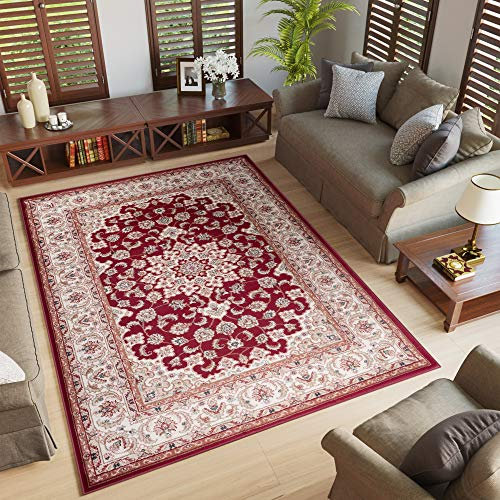 TAPISO Colorado Teppich Wohnzimmer Klassisch Kurzflor Rot Beige Creme Floral Medaillon Ornament Muster Traditionell Orientteppich ÖKOTEX 140 x 200 cm