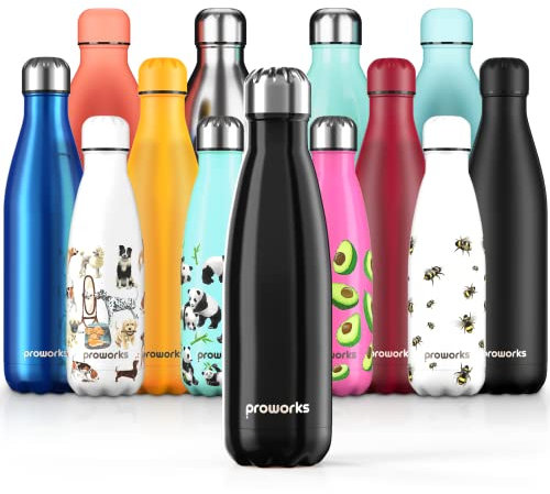 PROWORKS Bouteille d'eau Isotherme, sans BPA, Gourde INOX Reutilisable pour Maintien Chaud de 12 Heures & du Froid Jusqu’à 24 Heures, pour Sport, Gym, Voyage - 500ml - Noir