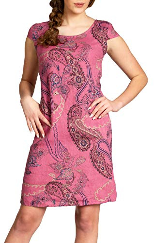 Caspar SKL022 Damen Sommer Leinenkleid mit Paisley Print bis Größe 50, Farbe:Fuchsia, Größe:XXL - DE44 UK16 IT48 ES46 US14