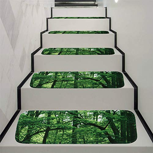 JLCP rutschfeste Stufenmatten, Grün Woods Selbstklebender Treppenstufen-Teppich Schlafzimmer Badezimmer Tür Boden Weich Und Bequem Stufen Teppiche Protector Matten,70X22cm,15pcs