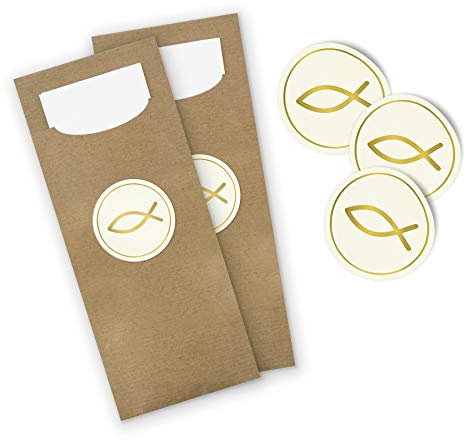 itenga 24x Bestecktaschen inkl. Serviette Motiv Fisch zur Kommunion Konfirmation Taufe Firmung für Jungen und Mädchen (Gold Hochglanz)