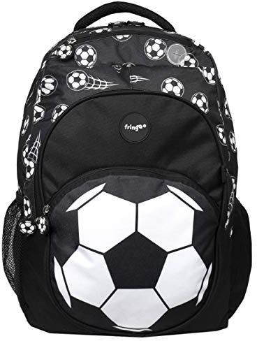Fringoo - Grosser Kinderrucksack für Jungs | Perfekt als Schultasche oder als Reisetasche | Fächer und Loch für Kopfhörer - Fussball Schwarz