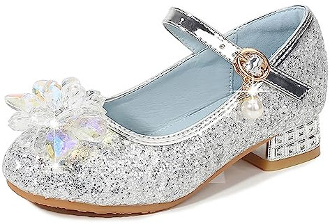 Eleasica Zapato de Lentejuelas con Adorno de Cristal de tacón bajo Princesa Cenicienta para niña Zapatos de Baile Cosplay Princesa Aurora para Regalo Reina Elsa Zapatillas,Plateado,26 EU