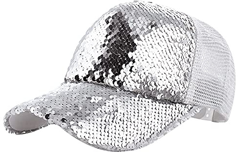 LABANCA Baseballkappe mit Glitzer-Pailletten, verstellbare Netzkappen, Baseball-Partyhut für Damen und Mädchen, Silber, M/L