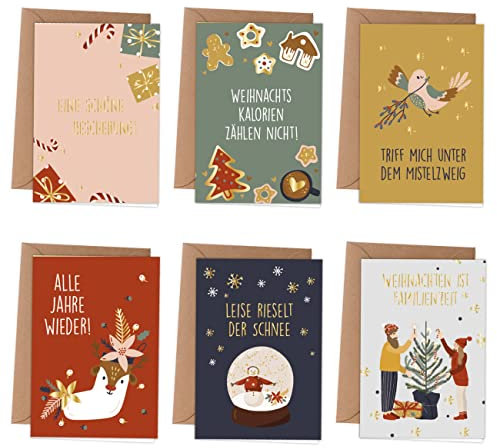 Papierdrachen Weihnachtskarten | 6 weihnachtliche Grußkarten als Klappkarte inklusive Umschlag zur Adventszeit - Stilvolles Design zur Weihnachtszeit - Motiv Paare - Christmas