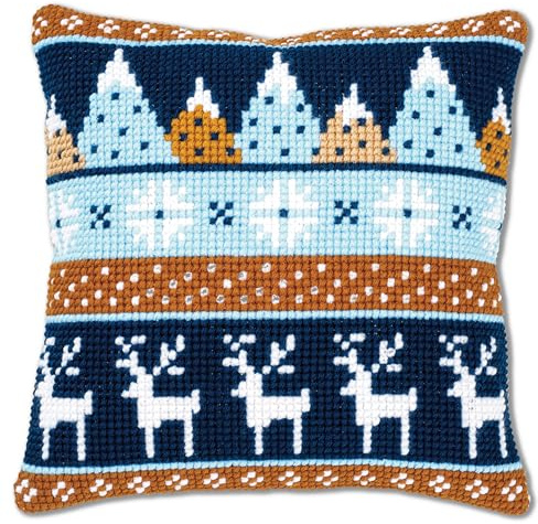 Vervaco Kreuzstich Stickpackungen Kissen Stickerei Set Anfänger Vorgedruckt Wintermotive DIY Set Kreativ Set Für Erwachsene Dekoratives Kissen ca. 40 x 40 cm Bastelset Handwerker Haus Dekoration