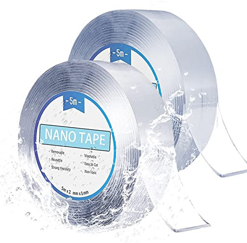 2 Pcs 5M Nano Nastro Biadesivo Extra Forte Trasparente, Riutilizzabile Non Lascia Tracce Multifunzione Nastro Adesivo per Lncollare Foto e Poster,Fissare Tappeti