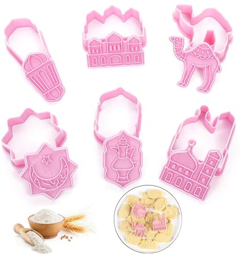 6 Stück Ausstechförmchen Muslimischen, Eid Mubarak Ausstechformen, Keksstempel aus Kunststoff Cartoon, Kuchen Backen Form, Gelten für Oster Keks Tortendekoration(Rosa)