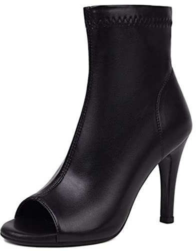 XINXINIO Stivali estivi da donna a spillo con pizzo aperto, nero opaco, 35 EU