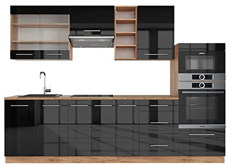 Vicco Küchenzeile Fame-Line, Anthrazit Hochglanz/Goldkraft Eiche, 280 cm