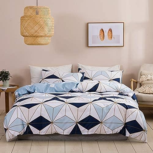 Housse de Couette 220x240 Bleu Blanc à Carreaux Motif Géométrique Parure de lit Adult avec 2 Taie d'oreiller 65x65 Reversible Parure Housse Couette 2 Personnes en Microfibre Fermeture Éclair